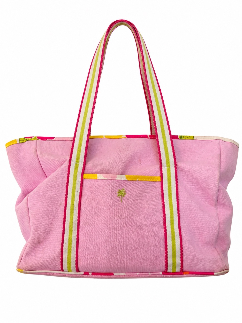 Lilly Pulitzer Pink Canvas Palm Tree Tote Bag Striped Beach Travel Bag